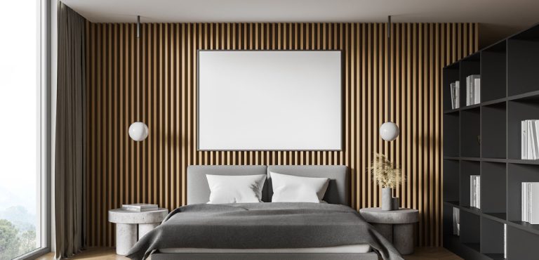 Stylish bedroom with engineered wood floor design by Greenlam Industries